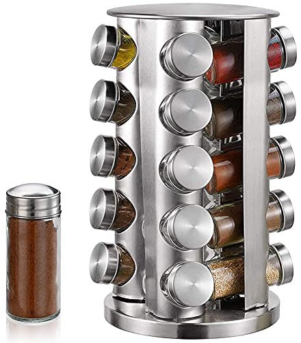 WMLBK Estantería para especias de acero inoxidable, carrusel con tarros de especias, soporte giratorio 360° para botellas de aceite, tarros de especias de cristal (20 compartimentos cilíndricos)