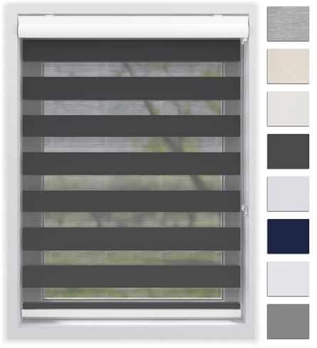 EFIXS Doppelrollo mit Kassette Montage Wand/Decke mit Bohren Breiten: 40-220, Höhe: bis 240 Hier: BxH (200 x 175) cm (Schwarz) Premium Duorollo, oder ohne Bohren mit Klemmhalter am PVC-Fenster