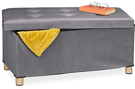 Relaxdays Banquette de Rangement, Couvercle matelassé, revêtement Velours, Pieds en Bois, HLP : 34x76x38 cm, Anthracite