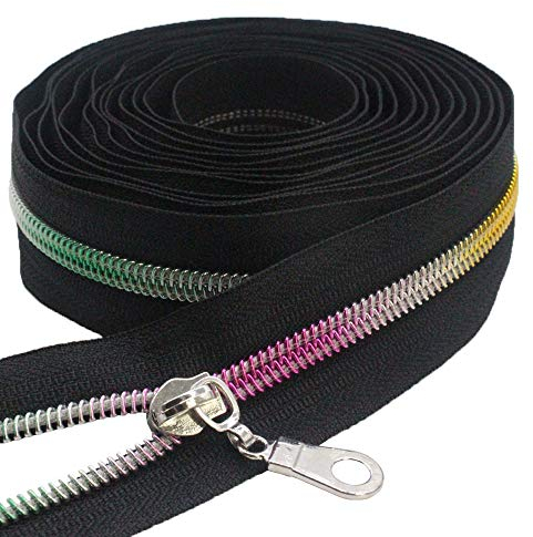 MebuZip 9 m Regenbogenzähne endlos Reißverschluss Meterware Reißverschluss Nylon 6mm-Spirale + 25 Nonlock-Zipper für Taschen Deko DIY Basteln Nähen (Regenbogenzähne Schwarze)