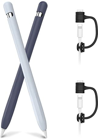 AHASTYLE Apple Pencil 1 Silikonhülle Ärmel Anti-Rutsch Schutzhülle Haut [Kabel Adapter Tether Hinzugefügt] Kompatibel mit Apple Pencil 1st Erzeugung (2 Pack, Mitternachtsblau & Hellblau)