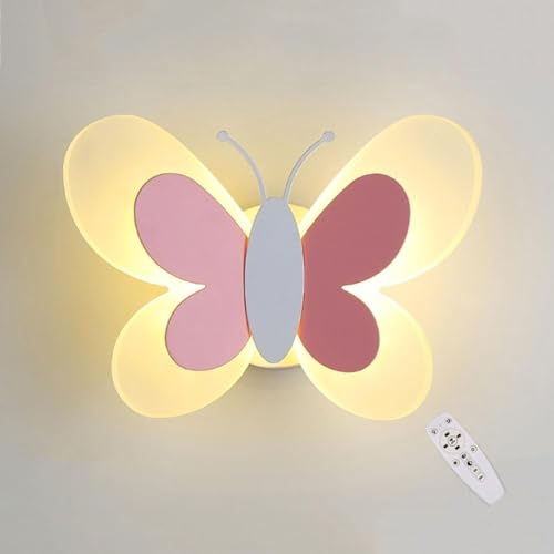 Kinderzimmer Wandleuchte Dimmbar Schmetterling Wandlampe mit Fernbedienung Cartoon Nachttischlampe Modern Deko Wandbeleuchtung Innen Kinderlampe 15W LED Nachtlicht für Jungen Mädchen Schlafzimmer,Rosa