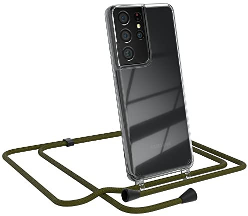 EAZY CASE Handykette kompatibel mit Samsung Galaxy S21 Ultra 5G Handyhülle mit Umhängeband, Handykordel mit Schutzhülle, Silikonhülle, Hülle mit Band, Kette mit Hülle, Grün - Clips Schwarz