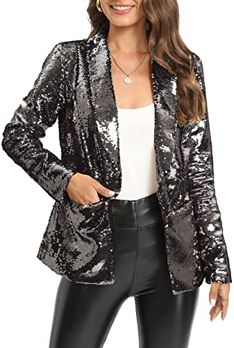 IWFEV Blazer à paillettes à manches longues pour femme - Veste ouverte sur le devant - Cardigan à col châle, noir, XX-Large