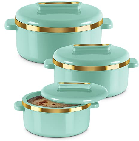 MILTON Curve Inner Stainless Steel Casserole Set of 3 (840 ml, 1300 ml, 1880 ml), Light Green | BPA Free | Food Grade | Easy to Carry | Easy to Store | Chapati | Roti | Curd Maker