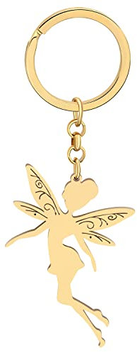 LONYOO Niedliche Elf Schmetterling Fee Schlüsselanhänger Edelstahl Flügel Schmuck Geschenke für Frauen Mädchen Handtasche Autoschlüssel (Vergoldet)
