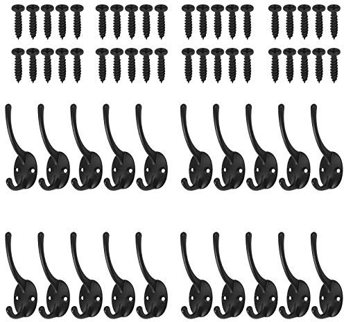 Bohaner 20Pcs Double Coat Hook Classic Antique Industrial Style Vintage Cast Iron Hanger Wall Hooks Clothes Hat Hooks Robe Hooks Wall Mounted Hook
