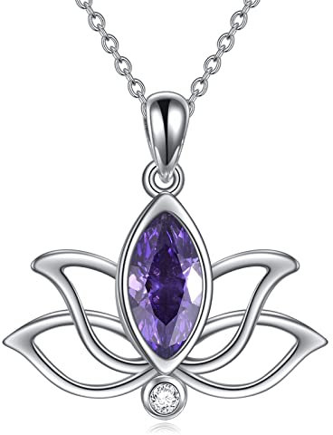 YFN Geburtstein Lotos Halskette Sterling Silber Lotus Anhänger Schmuck Mütter Tag Geburtstag Geschenke für Damen Mädchen (B.Violett-Februar-Amethyst)