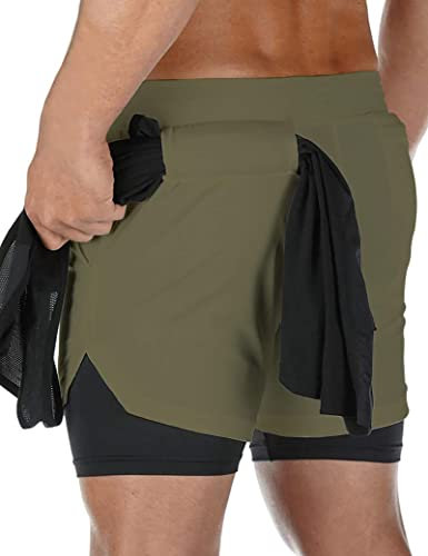DIOTSR 2-in-1 Herren-Shorts, zum Laufen, Workout, leicht, athletisch, mit Taschen, Grün (Army Green), X-Klein