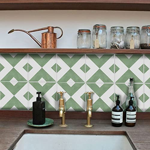 Credence Adhesive pour Cuisine Vert Blanc Géométrique Stickers Muraux PVC Carrelage Adhesif Mural DIY Imperméable Stickers Carrelage pour la Salon Salle de Bain Maison 10 Pièces/20x20cm