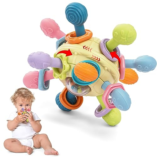 HOTUT Baby Toys 0-6 Months, Sensory Montessori Toys for Babies, Baby Rattle Teether Toy Shaker Grab Spin, Newborn Rattle Teether Toddler Toys Educational Learning Gifts for 3 6 9 12 Month Boys Girls