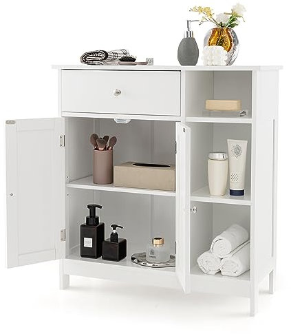 COSTWAY Badezimmerschrank, Badschrank mit Schublade, Türen & verstellbarem Regal, Kommode Holz für Badezimmer, Wohnzimmer, Schlafzimmer & Küche, 75 x 30 x 80cm, Weiß