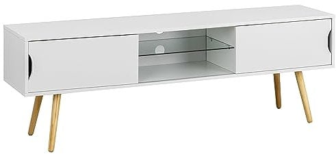 Baroni Home Mueble para TV con Puerta Corredera, Orificio para Cables de MDF, Mueble para TV Consola para Dormitorio, Salón, Cocina, Blanco, 150x45x35 cm