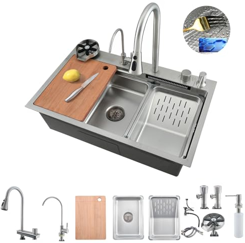 Bokaiya Fregadero de Cocina, Cascada de Acero Inoxidable Raindance Nano Fregadero, Multifuncional con Grifo Extraíble, Tabla de Cortar, Lavavasos, Rainfall Fregadero Cocina 1 Seno 80x45x21cm (Plata)