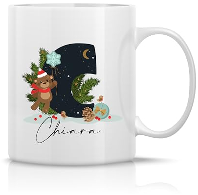 Tazza Mug in Ceramica Natalizia Personalizzata con Nome e Iniziale Idea Regalo Festa Colazione Natale Amici Fratelli Sorelle Famiglia Decorazioni Natalizie Divertente Simpatica The Latte Caffè Tisana