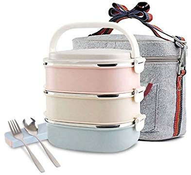 Lonchera Bento de 3 niveles a prueba de fugas de acero inoxidable para adultos y niños, contenedor de alimentos aislado desmontable con asa (769)