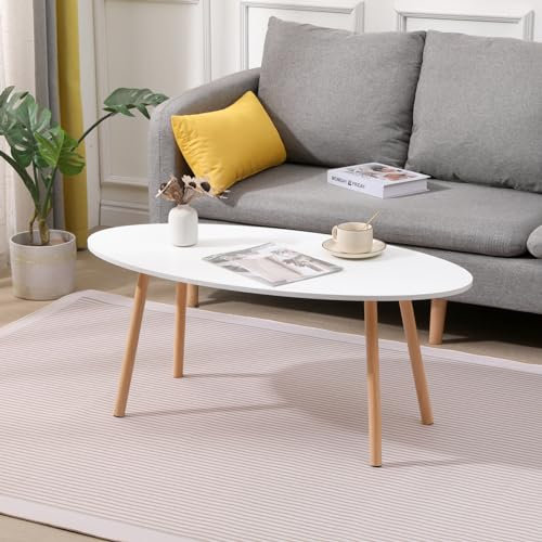 Oval Coffee Table, Oval Shape Sofa Side Table, Home Office Center Table, Tea Table for Living Room, Modern White Cocktail Table with Wood Legs