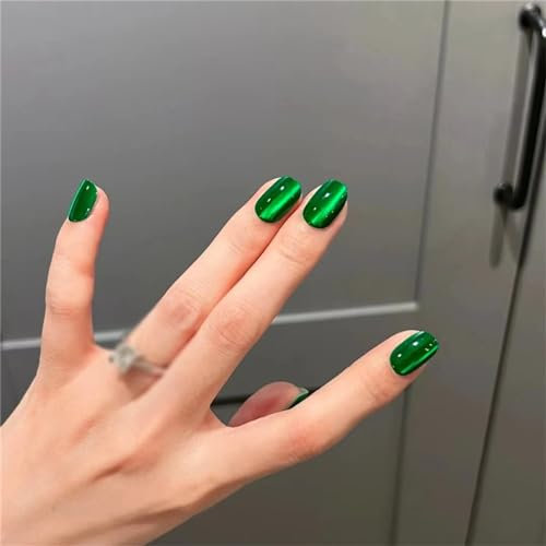 Shiny Green Cat's Eye Fake Nail Short Coffin Press on Nails Tips Nail Art Decoration for Women and Girls Manicure 24pcs