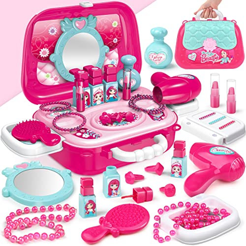 Dreamon Valisette Enfant Faux Maquillage, Coffrets de Bijoux et Cosmétiques pour Enfants, Jouets de Jeux de Rôle, Jeux Enfant 3 Ans