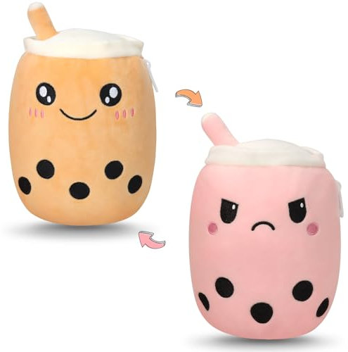 GDGZT Wenden Bubble Tea Kuscheltier, Süße Bubble Tea Plüschtier Stimmungs Kuscheltier, Flip Bubble Tea Kissen für Mädchen und Jungen, Kawaii Kuscheltier Geschenk für Kinder & Erwachsene (Braun & Rosa)