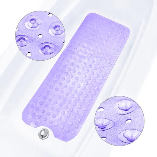 ADOV Bath Mat Non Slip, 100 x 40 cm Extra Long Shower Mat Anti Mould, Bathroom Bathtub Mats for Tub, 200 Strong Suction Cups and Drain Holes, Mildew Resistant Machine Washable Bathroom Kids Mat