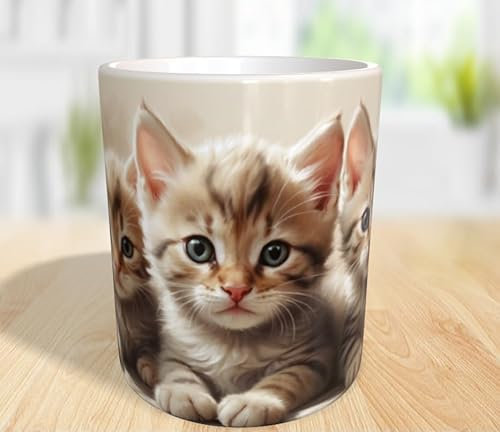 Generic Faszinierende Kaffeetasse (330ml) mit süße Kätzchen mit Blume Personalisierbar Tasse Becher Druck Mug Fotorealistisch Katze Kitten Tiere