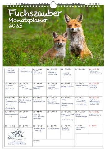 Fuchszauber Planer DIN A3 Kalender für 2025 Fuchs und Füchse - Geschenkset: 1x Kalender 1x Weihnachtsanhänger 1x Grußanhänger (gesamt 3 Teile)