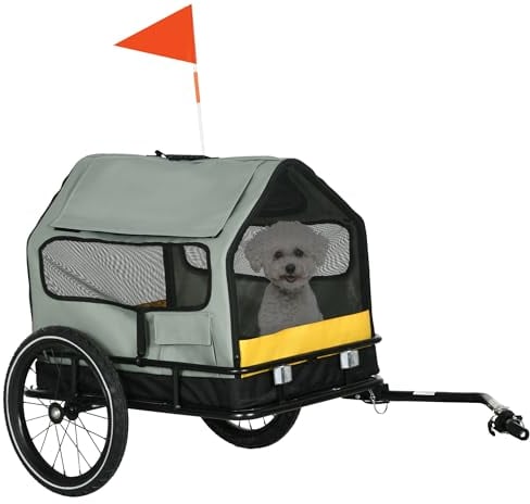 PawHut Rimorchio per Cani 3 in 1 con Casetta per Cani, Rimorchio Bici e Rimorchio per Cani Taglia Piccola, Bandierina e Catarifrangenti, Grigio