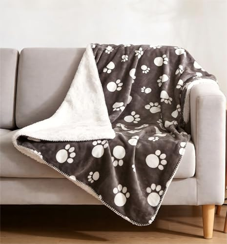 Pawsee Vattentät hundfilt, kattfilt med tassavtryck, tvättbar fleece, sherpa, hundhandduk för soffa säng utomhus, vattentätt överkast, sängskydd, soffa, överkast, sofföverdrag, 200 x 150 cm