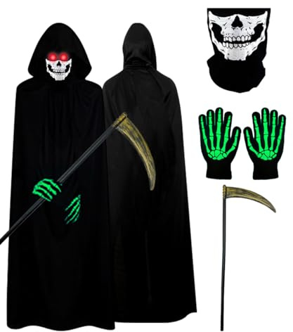 Mineup Grim Reaper Costume Kids Adult, Halloween Fashion Dress Black Cloak Set, Black Polyester Hooded Cloak Skull Face Mask Skull Gloves Sickle Accessories for Halloween Cosplay Decor (170-190cm)