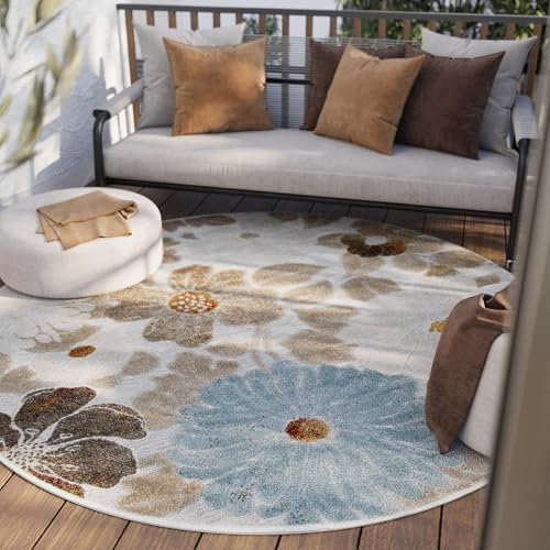 Wecon Home moderner, wetterfester Teppich für Innen und Außen - florales Muster für Wohnzimmer, Esszimmer, Flur, Terrasse und Balkon – Beach Flower (120 cm rund, beige)