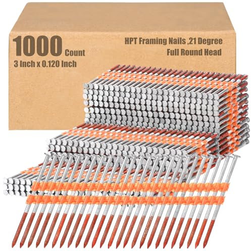 Therwen 1000 Count 21 Degree Framing Nails Full Round Head Collated Framing Nails Ring Shank Hot Dipped Galvanized Nails Plastic Row Fixed for All Pressure Treated Lumber (3 Inch X 0.120 Inch)