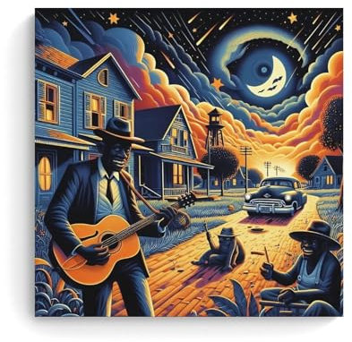 XFPOBH Poster auf Leinwand mit Robert Johnson Blues-Gitarre, Vintage-Poster, Wandkunst, Bild, Heimdekoration, Druck für Schlafzimmer, Wohnzimmer, 40 x 40 cm, ungerahmter Stil