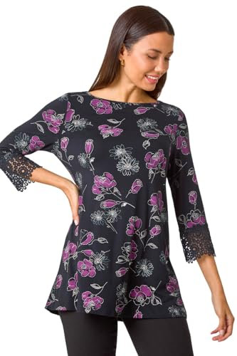 Roman Originals Floral Soft Stretch Jersey Top for Women UK - Ladies Everyday Autumn Winter Round Neckline Comfy Soft Evening Vacation Work Party Night Out - Black Purple - Size 10