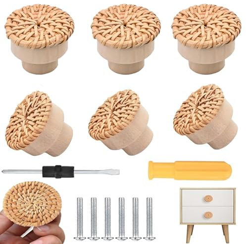 RXKFIGX 6 Stück Rattan Möbelknöpfe Schrankknöpfe Boho Deko Schränke Möbelknöpfe Vintage Kommodenknöpfe aus Rattan Holz Kommodenknöpfe Natur Holz Schrankknöpfe für Küchenschränke Schubladen