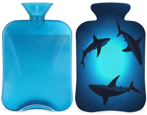 Floating Shark Hot Water Bottle with Cover, Ocean Shark Hot Water Bottle with Cover, 2L Hot Water Bag for Pain Relief, Neck and Shoulder, Hand Feet Warmer