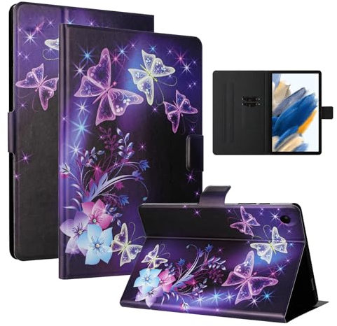 LSPCASA Funda para Samsung Galaxy Tab A8 10.5 Pulgadas PU Material Funda Tab Galaxy Tab A8 con Ranuras para Tarjetas TPU Fundas con Cierre Magnético, Mariposa Morada