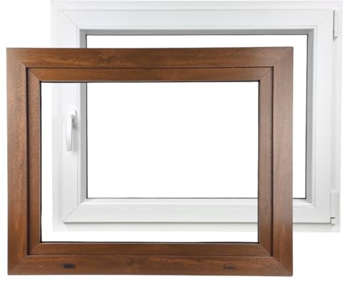 ALUCON Kellerfenster 900x500 mm – Fenster 90x50 cm – Kunststofffenster Innen Weiß/Außen Nussbaum – Flügelfenster DIN Rechts