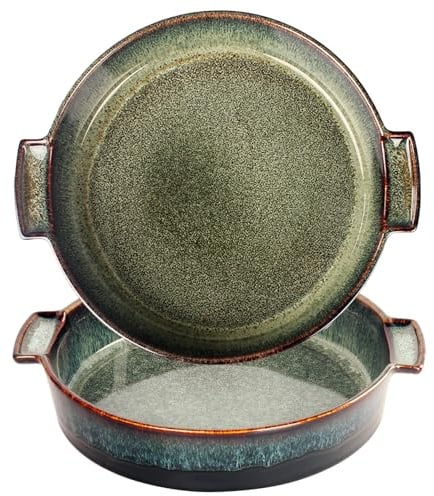 jinsongdafa Ceramic Pie Pan 400 ML Quiche Baking Dish Set of 2, 17.5 CM Au Gratin Dishes Round With handles, Easy to transfer from oven to table, Nonstick Pie Dish, Tart Pan, Pie Plate for Apple