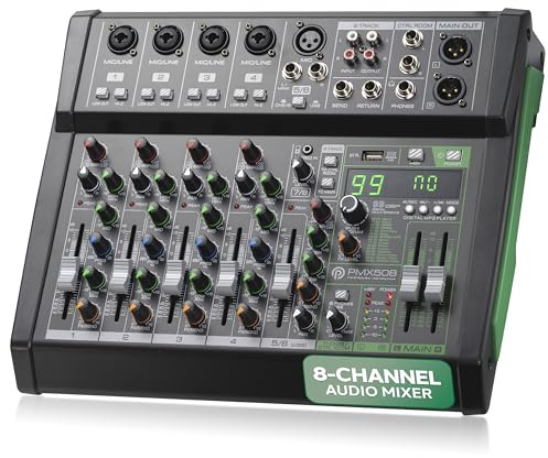 Pyle 8 Channel Audio Mixer - 4 XLR Combo Mic Inputs, Bluetooth Studio Mixer/DJ Controller with DSP Digital Effects, USB-A In with MP3 Player, PC Recording, LED Level Meter, Smooth Dials and Faders