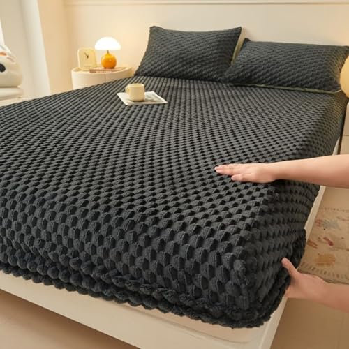 Homxi Spannbettlaken mit 2 Kissenbezüge,150 x 200 cm,Matratzenbezug Doppelbett Samt Einfarbig Bettbezüge Schwarz