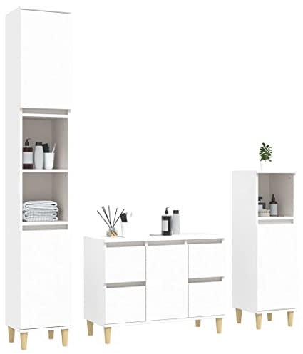 Willood 3-TLG. Badmöbel Set Badezimmerschrank Badezimmermöbel Holzfüße Weiß Holzwerkstoff