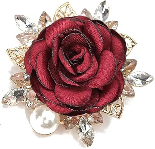 Broche en Forme de Rose, Broche Fleur Rose pour Femme et Homme, Élégante, Faite à La Main, Broches Roses, Broches Fleur Tissu avec Strass et Perles, Accessoire de Robe pour Fête/Vin Rouge