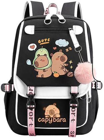 Capybara Schulrucksack für Teenager, Großer Cartoon Rucksack (Black-A) | Niedlicher Kinderrucksack, Grosse Kapazität Schulranzen