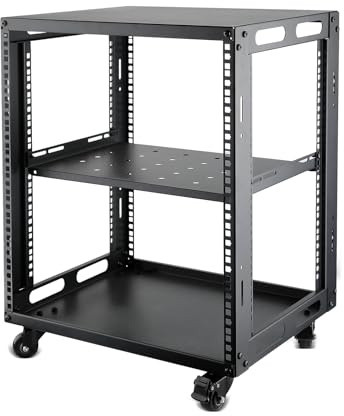12U Open Frame Server Rack with Wheels Free Standing Network Server Rack for Servers & AV Gear Black