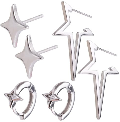 3 Paar Silberne Sternohrringe für Damen, 3 Designs Y2k-Ohrring-Set Sternohrstecker-Schmuck Gothic-Punk-Rock-Dekoration für Damen Geburtstag Alltag Party Date-Geschenk