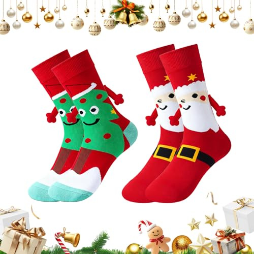 Snyvpra 2 Paar Magnetische Socken Weihnachten, Weihnachtssocken Damen, Weihnachtssocken Herren, Kuschelsocken Weihnachten, Socken Mit Magnetischen Händen, Weihnachtsgeschenke Für Familie Oder Freunde