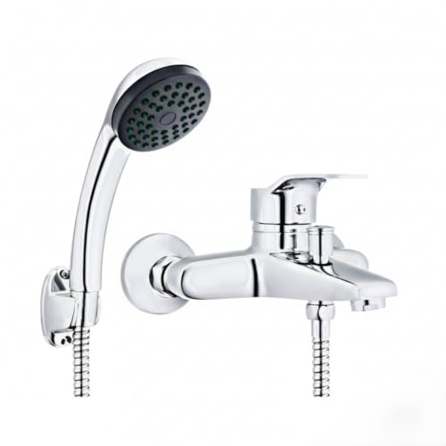 Faizee Home | Badewannenarmatur Chrom mit Handbrause – Einhebel Wannenarmatur aus Messing mit Umsteller & Brauseschlauch – Duscharmatur für Badewanne, Wandmontage