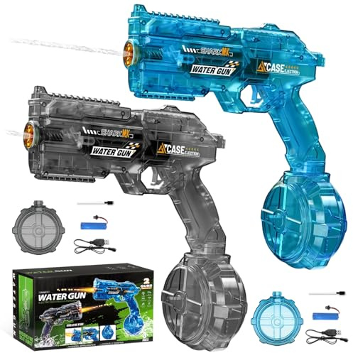 2 Pack Electric Water Guns for Kids Adults, Automatic Water Pistols with LED Lights, Long Range Super Soaker Blaster, Rechargeable Battery, Summer Outdoor Pool Beach Water Toys (Blue & Black)