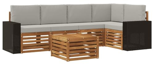 vidaXL Ecksofa Set 6 pcs Natürlich und Hellgrau Massivholz Akazie, Gartenmöbel, modernes Ecksofa, Outdoor-Lounge, Terrassenmöbel für entspanntes Chillen und Genießen